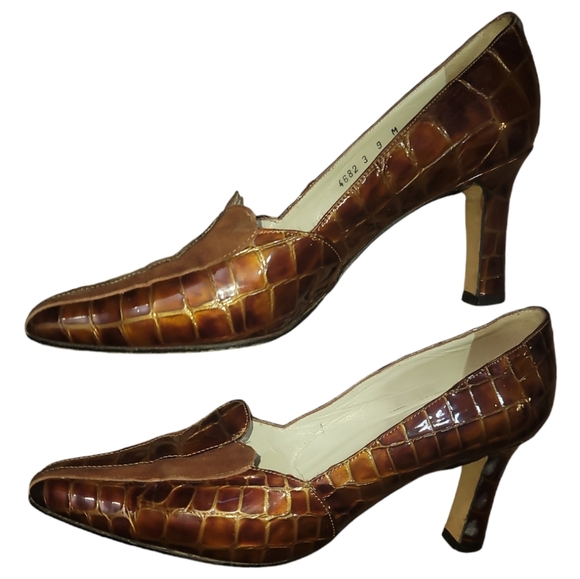 Vtg Pepe Jimenez brown faux crocodile pointed toe heels made in Spain 9 - Picture 1 of 6